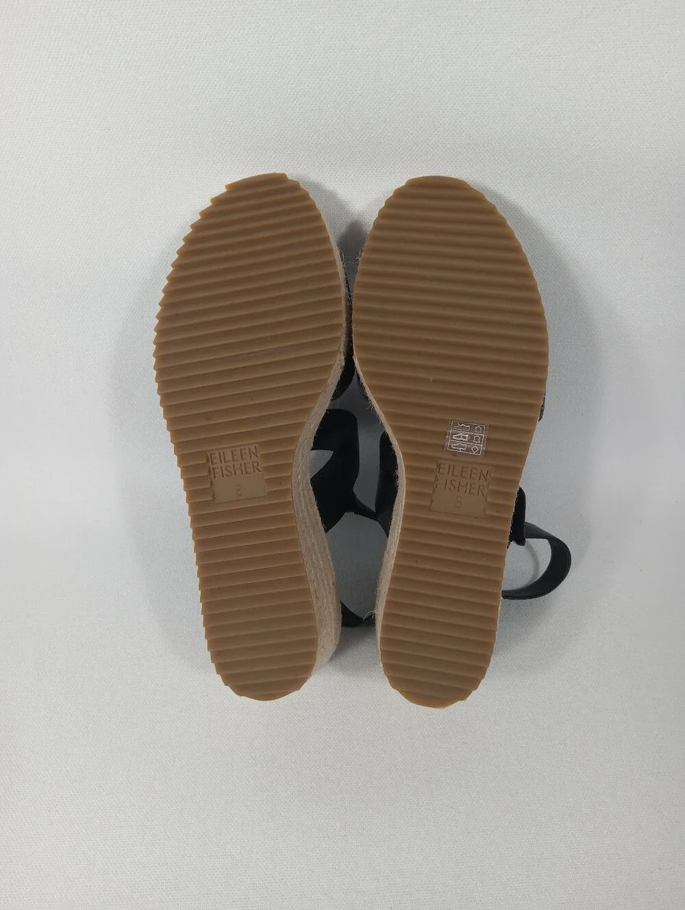 EILEEN FISHER 'Winnie' Black Leather Espadrille Wedge Sandals Women's Size 8